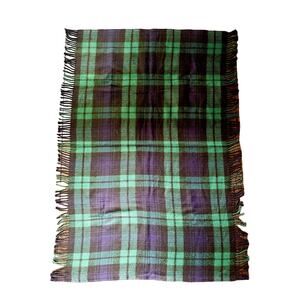 Hector Russell Scotland Wool Green Blue Tartan Plaid Blanket Scarf Fringe